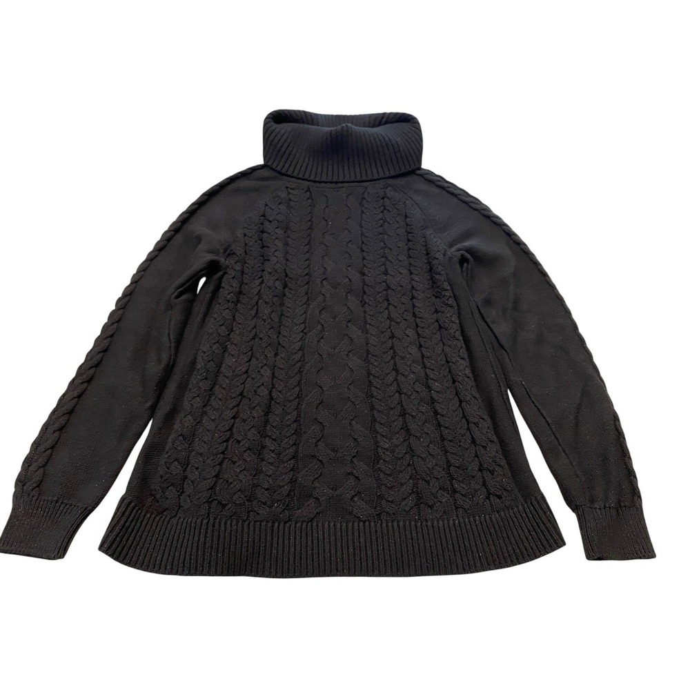Tommy Bahama Womens Small S Black Cable Knit Metallic Sparkle Turtleneck Sweater